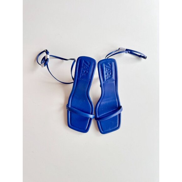 NWOT ZARA Blue Leather Square Toe Strappy High Heel Wraparound Sandals, Size 35 - Picture 2 of 15